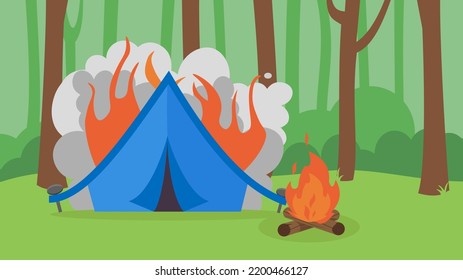 burning tent in the forest