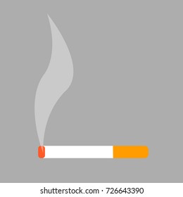 Burning thin cigarette with orange filter producing smoke isolated vector illustration on grey background. Smoking is bad for health
