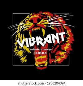 Burning tiger head illustration with flames and slogan for fashion, apparel, poster design and other creative use