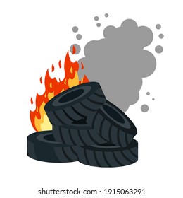 Burning Tire. The Old Wheel. The Problem Of Urban Garbage And Ecology. Fire And Garbage. Flat Cartoon Isolated On White.