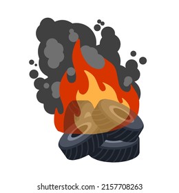 Burning tire. The old wheel. The problem of urban garbage and ecology. Fire and garbage. Flat cartoon isolated on white.