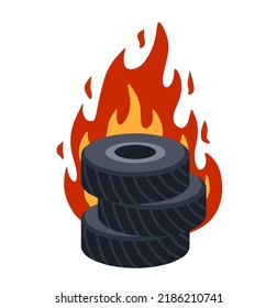 Burning tire. The old wheel. The problem of urban garbage and ecology. Fire and garbage. Flat cartoon isolated on white.