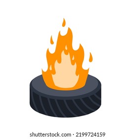 Burning tire. The old wheel. The problem of urban garbage and ecology. Fire and garbage. Flat cartoon isolated on white.