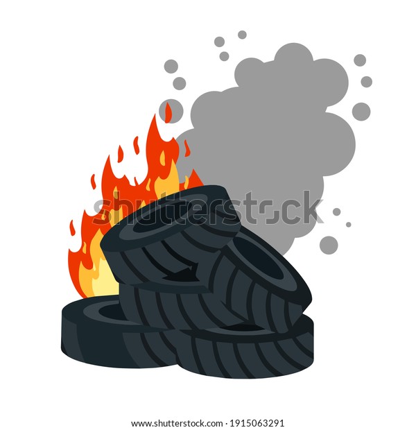 Burning\
tire. The old wheel. The problem of urban garbage and ecology. Fire\
and garbage. Flat cartoon isolated on\
white.