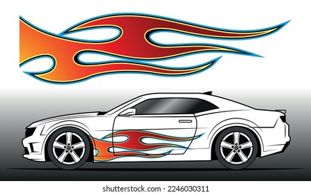 Burning tires and flame car decal vinyl sticker. Racing car tribal fire flames vector art graphic.