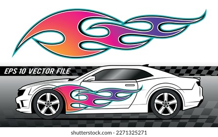 Burning tires and flame sports car decal vinyl sticker. Racing car speed fire flames vector art graphic. Side decoration for car, auto, truck, boat, suv, motorcycle.