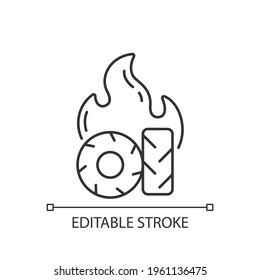 Burning tires linear icon. Tire fire emissions include pollutants such as carbon monoxide. Thin line customizable illustration. Contour symbol. Vector isolated outline drawing. Editable stroke