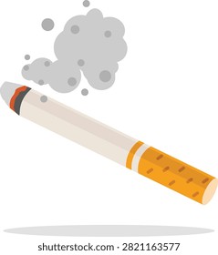 Burning tobacco cigarette with ash and gray smoke cloud isolated on white background for air pollution secondhand smoke warning and anti smoking campaign