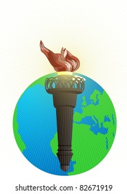 Burning torch against the backdrop of the planet Earth. The illustration on white background