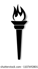 burning torch black and white vector icon with shadow, victory or goal achieving concept