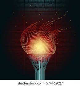 A burning torch, consists of  printed circuit boards, the flame from the binary code. Artifact from the abstract of cyberspace