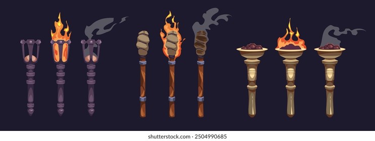 Burning torch. Fiery, smoldering and extinguished antique lighting fixtures, metal, wooden and stone shelves with fire, ancient castle lights cartoon flat style isolated tidy vector set