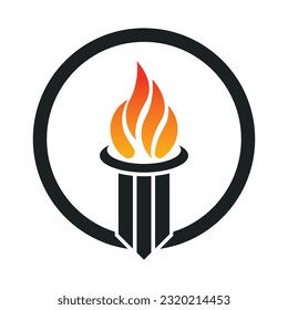 Burning Torch Fire Flame with Pillar column logo design