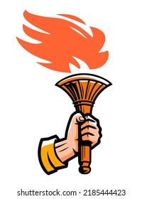 Burning torch with fire in hand. Lighting flame, light emblem. Sports mascot symbol. Vector illustration isolated