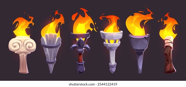 Conjunto de fuego de antorcha en llamas aislado sobre fondo negro. Ilustración de dibujos animados de Vector de llama brillante en madera, piedra, mango de hierro, antiguo, medieval, iconos de luz de competición deportiva, antorcha de palacio