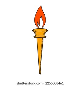 Burning torch with flame hand drawn vector icon. Isolated illustration on white.