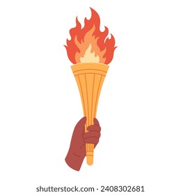 Burning torch with flame in hand. Symbol of competition victory, champion. Vector illustration in flat style