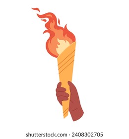 La antorcha quemada con llama en la mano. Símbolo de la victoria de la competencia, campeón. Ilustración vectorial en estilo plano
