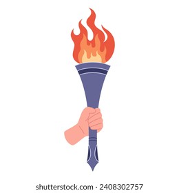 Burning torch with flame in hand. Symbol of competition victory, champion. Vector illustration in flat style