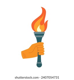 Burning torch with flame in hand. Symbols of sport games, relay race, competition victory, champion or winner. Vector isolated illustrated