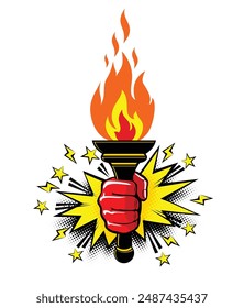 Burning torch with flame in hand. Symbols of olympic games, relay race, competition victory, champion or winner. Vector in comic style on transparent background