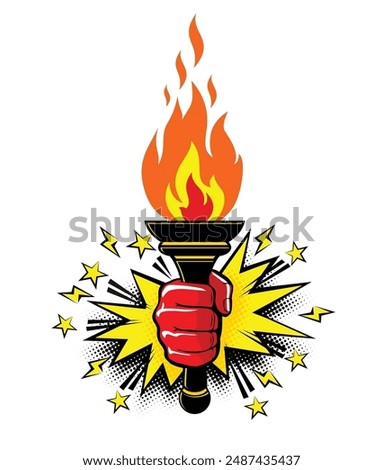 Burning torch with flame in hand. Symbols of olympic games, relay race, competition victory, champion or winner. Vector in comic style on transparent background