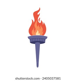 Burning torch with flame. Symbol of relay race, competition victory, champion. Vector illustration in flat style