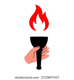 Antorcha ardiente en mano con llama roja. Símbolo de libertad, victoria, protesta y celebración en estilo minimalista de diseño plano