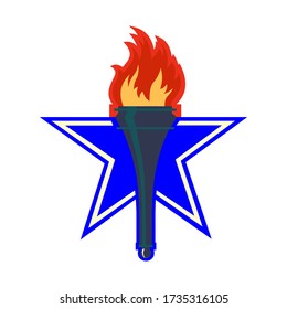 Burning torch icon, logo on a background of a large blue star.