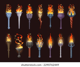 Encendiendo la luz de la antorcha. Herramientas de activos de juego pegan llama de combustión ilustraciones vectoriales exactas conjunto