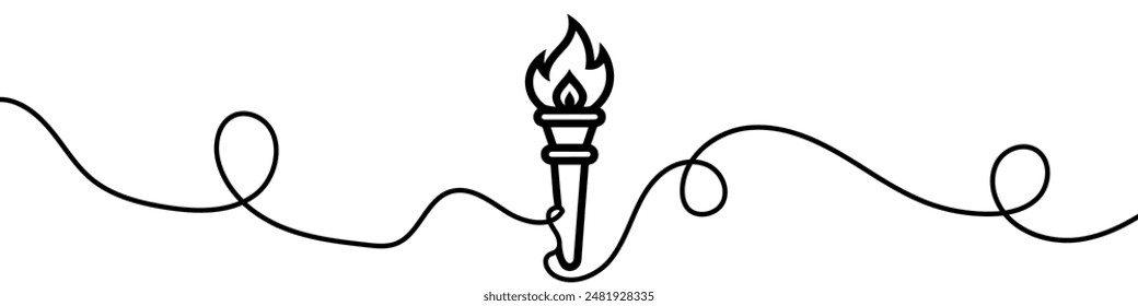 Antorcha ardiente una línea continua sobre un fondo blanco. Ilustración vectorial aislada sobre fondo blanco, arte de línea. Dibujo de mano de una línea.