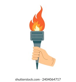 Burning torche with flame in hand. Symbols of olimpic games, relay race, competition victory, champion or winner. Vector isolated illustrated 