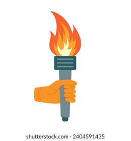 Burning torche with  flame in hand. Symbols of olimpic games, relay race, competition victory, champion or winner. Vector isolated illustrated 