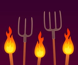 Burning Torches And Pitchforks, Angry Mob Protest. Cartoon Vector Illustration.
