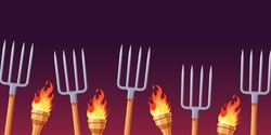 Burning Torches And Pitchforks Vector Illustration.