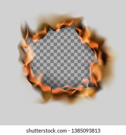 Burning torn hole in paper sheet and flame. Vector illustration on transparent background