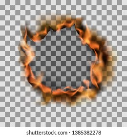 Burning torn hole in paper sheet. Vector illustration on transparent background