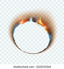 Burning torn hole in ripped paper with burnt and flame on transparent background. Vector illustration