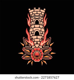 burning tower tattoo vector design