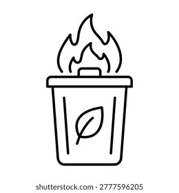 Burning trash can with leaf symbolizing environmental pollution vector, disposal