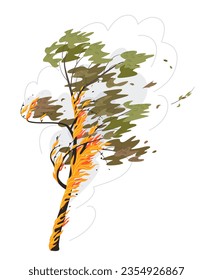Burning tree isolated on white background.  Fire in wild nature. Smoke in the air. Deciduous plant in flame. Natural disaster and wildfire concept. Simple vector flat illustration. 