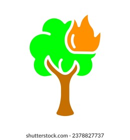 Icono de la línea de árbol en llamas. Seguridad contra incendios, agua, extinción, instrucciones de seguridad. Icono de color vectorial sobre fondo blanco para negocios y publicidad.