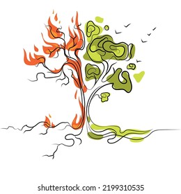 Árbol en llamas y árbol verde vivo, calentamiento global y sequía, incendios forestales. Vector. Concepto de planta semicubierta y semicerrada. La duplicidad del árbol muerto en el fuego y el árbol vivo.Salvar el medio ambiente