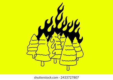 Quemando árboles en un incendio forestal. Las llamas salen de las copas de los árboles, lo que indica que están ardiendo. Imagen vectorial.