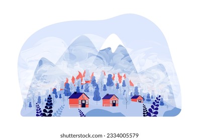 Burning trees in forest hear houses Vector illustration. Drawing of smoke due to forest fire or wildfire, unhealthy air in mountains. Ecology, air pollution, natural disaster, climate change concept