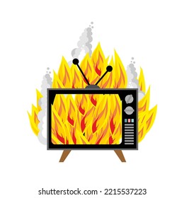 Quemando televisión aislada. TV en llamas. Ilustración del vector