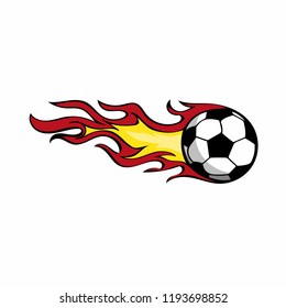 Burning vector football flying in the air and drawing flames behind it. Football, World Cup, European Championship, field, goal, green, white, red, blue