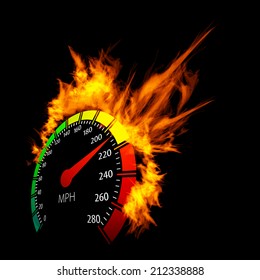 Burning vector speedometer fire flame illustration on the black