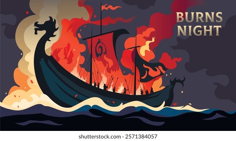 Burning Viking ship Drakkar engulfed in flames during Up Helly Aa ceremony. Up Helly Aa fire festival banner