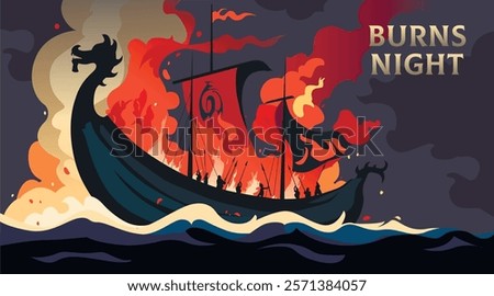 Burning Viking ship Drakkar engulfed in flames during Up Helly Aa ceremony. Up Helly Aa fire festival banner